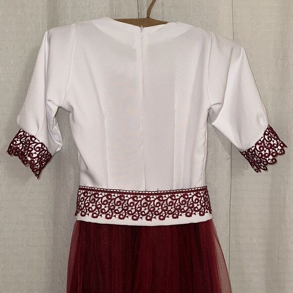Girl 14-16 Embroidered White Burgundy Tulle Lace Short Sl Folk Formal Dress - Picture 4 of 16